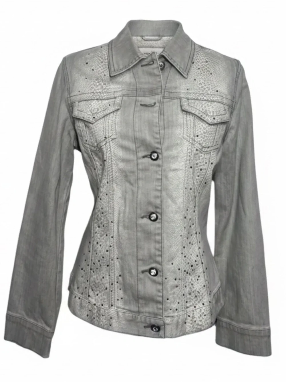 Chicos Platinum Light Gray Snake Print Jean Jacket Womens Size M 1 Cotton Blend